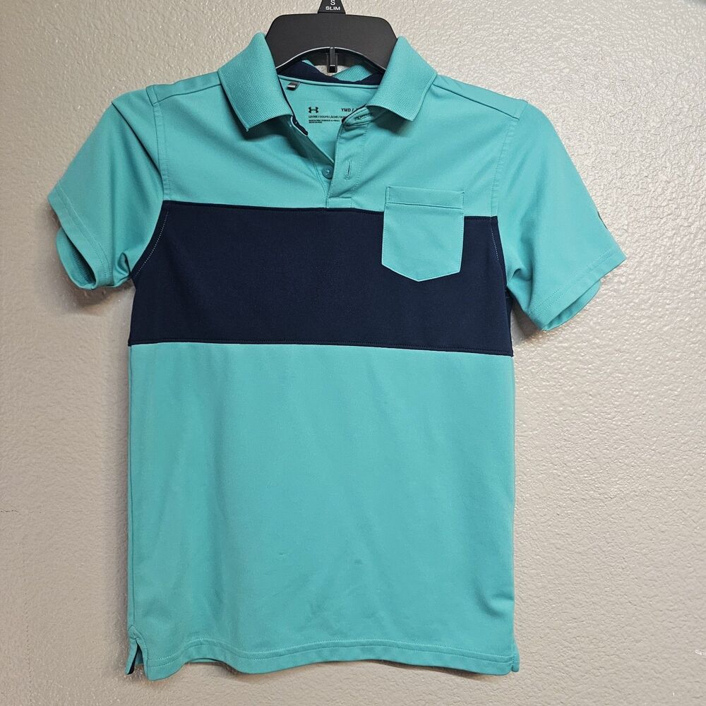 Under Armour Boys Polo Y Med Teal Green Navy HeatGear Golf Shirt School GG807